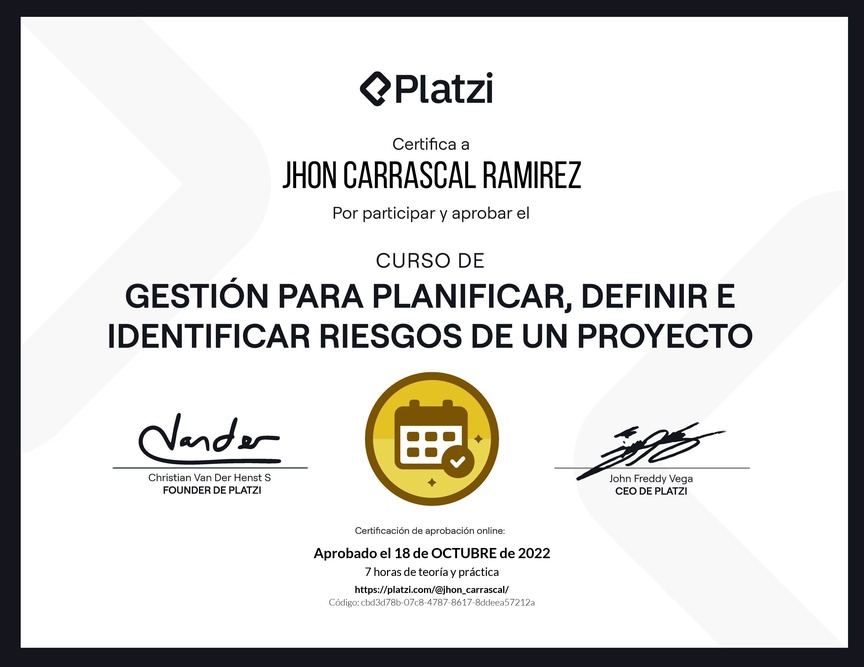Diploma del Curso de Gestión para Planificar, Definir e Identificar Riesgos de un Proyecto