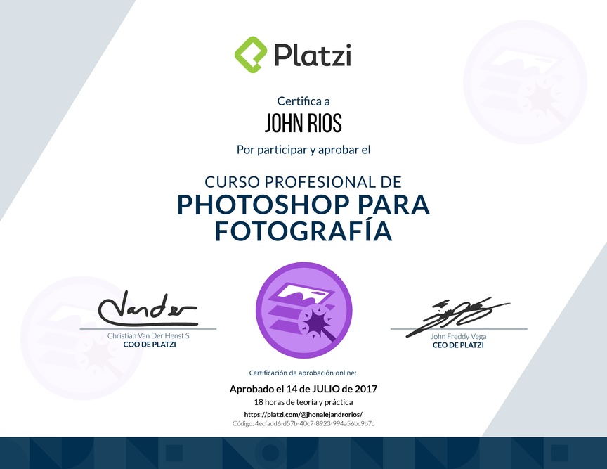 Diploma del Curso de edición de fotografías con Photoshop