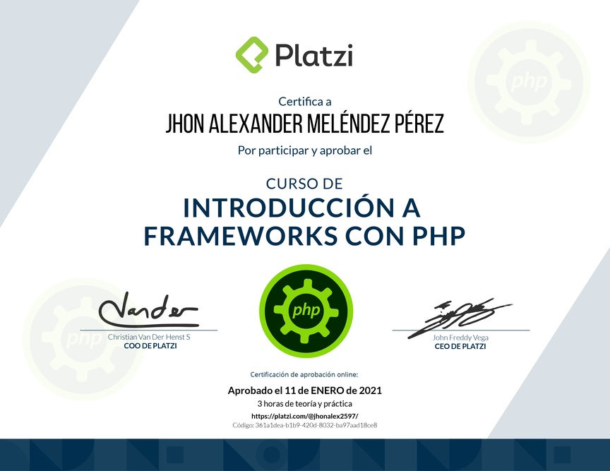 Diploma del Curso de Introducción a Frameworks de PHP