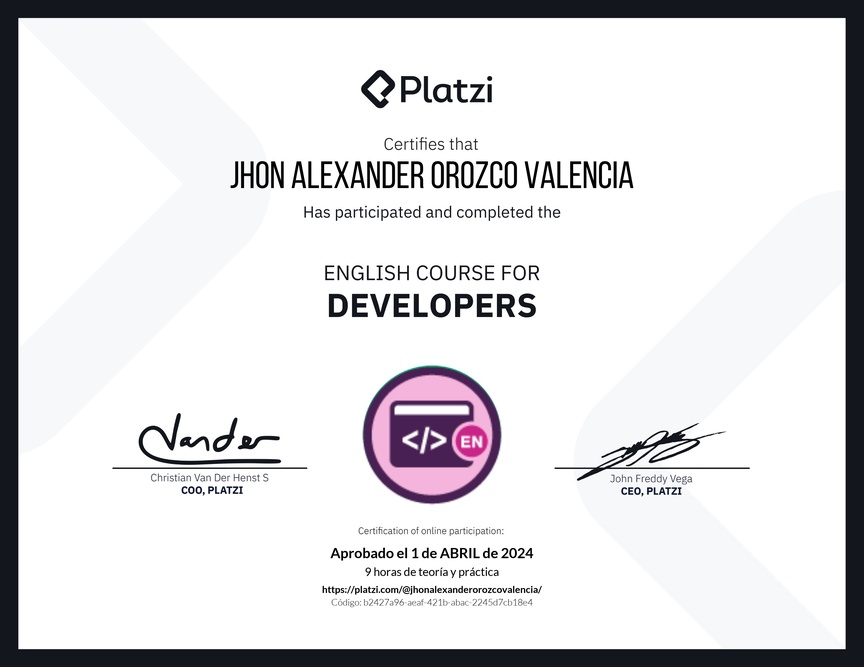 Diploma del Curso de Inglés para Programadores