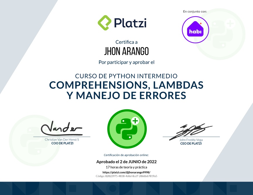 Diploma del Curso de Python Intermedio: Comprehensions, Lambdas y Manejo de Errores