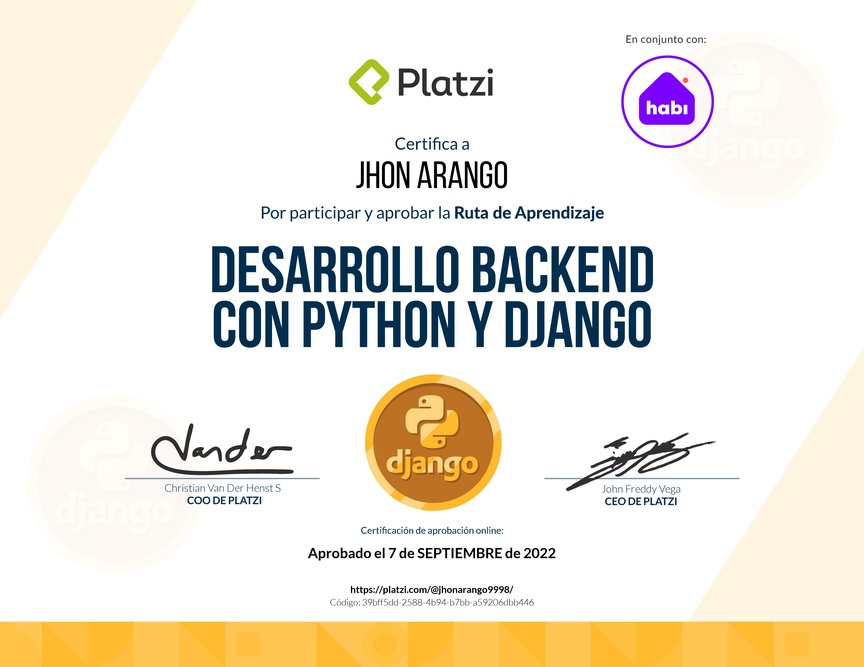 Diploma de la Ruta de Aprendizaje de Desarrollo Backend con Python y Django