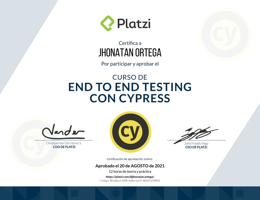 Diploma del Curso de End to End Testing con Cypress 2018