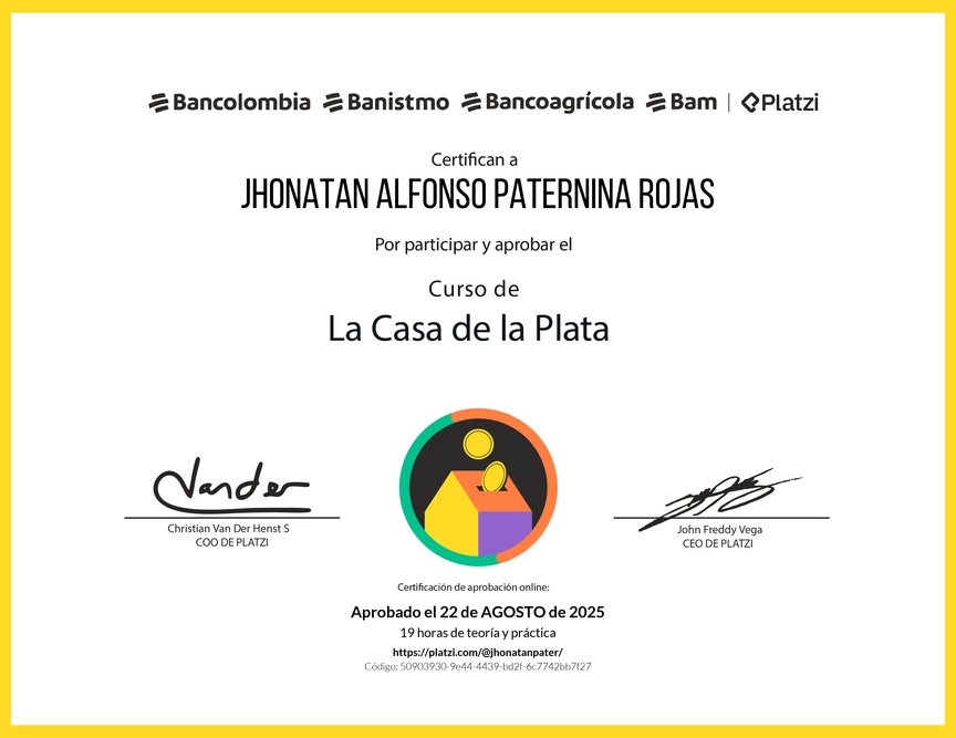Diploma del Curso La Casa de la Plata Grupo Bancolombia