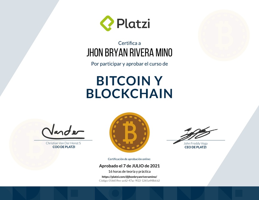 Diploma del Curso de Bitcoin y Blockchain 2017
