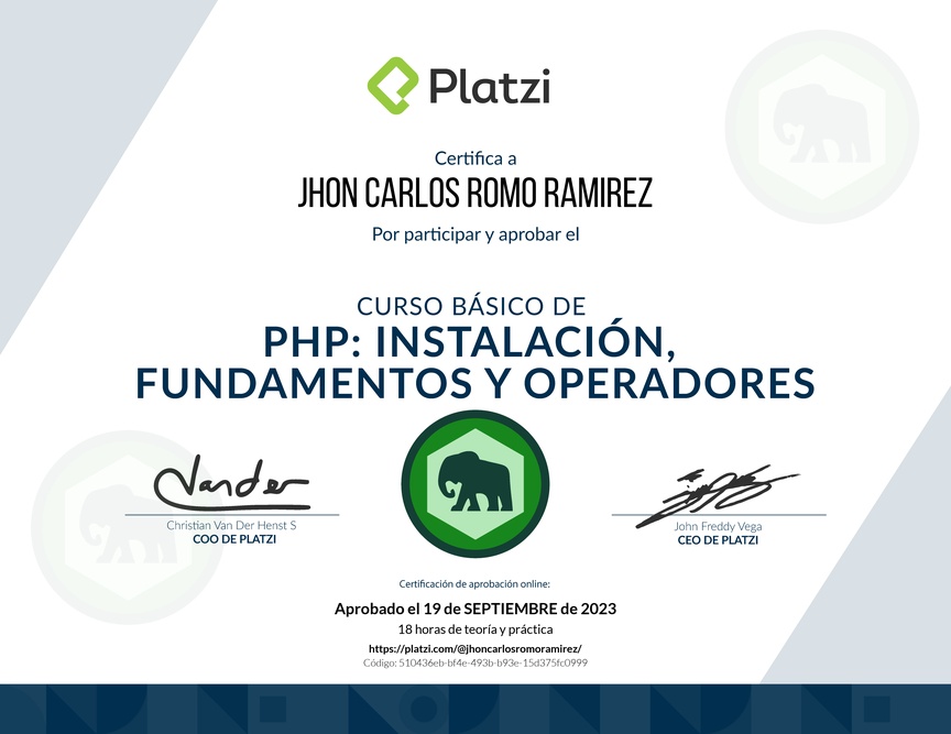 Diploma del Curso Básico de PHP: Instalación, Fundamentos y Operadores