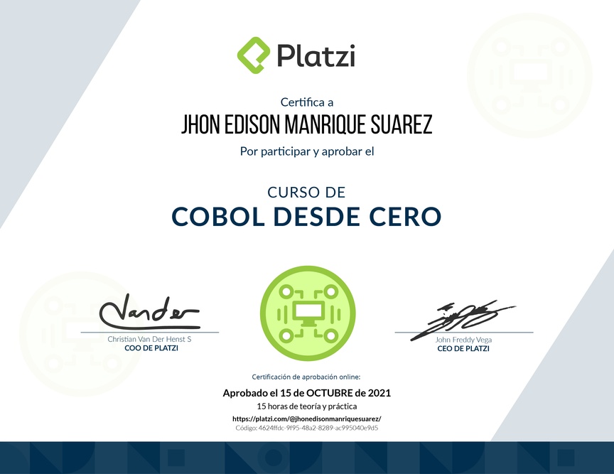 Diploma del Curso de COBOL desde Cero