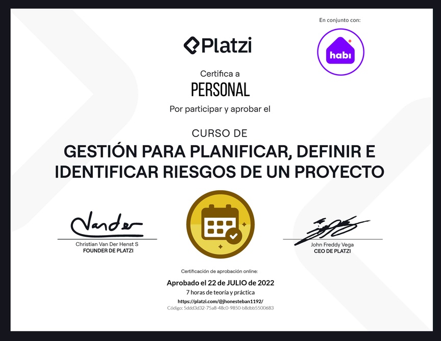 Diploma del Curso de Gestión para Planificar, Definir e Identificar Riesgos de un Proyecto