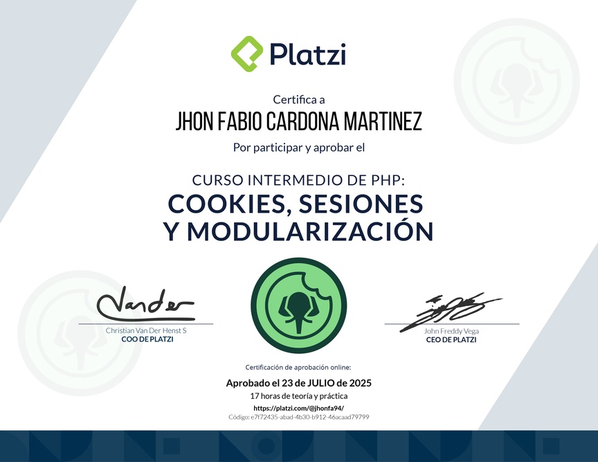 Diploma del Curso de PHP: Cookies, Sesiones y Modularización