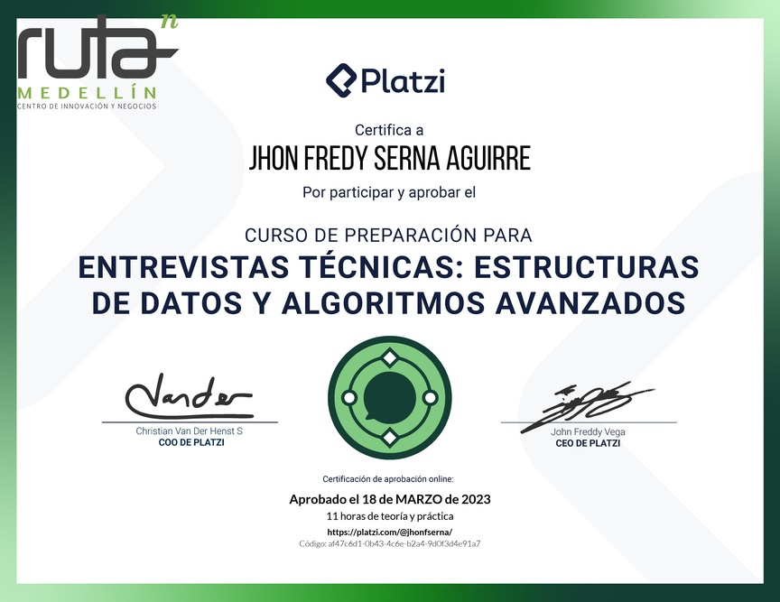 Diploma del Curso de Entrevistas Técnicas: Estructuras de Datos y Algoritmos Avanzados