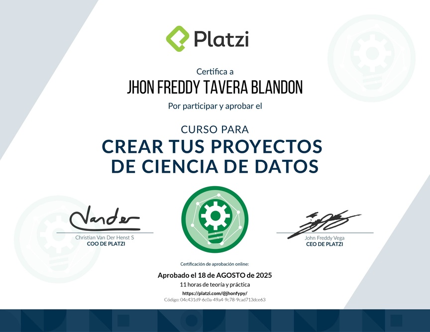 Diploma del Curso para Crear tus Proyectos de Ciencia de Datos
