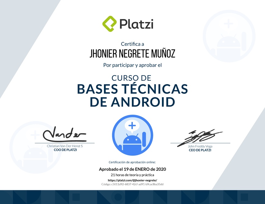 Diploma del Curso de Bases Técnicas de Android