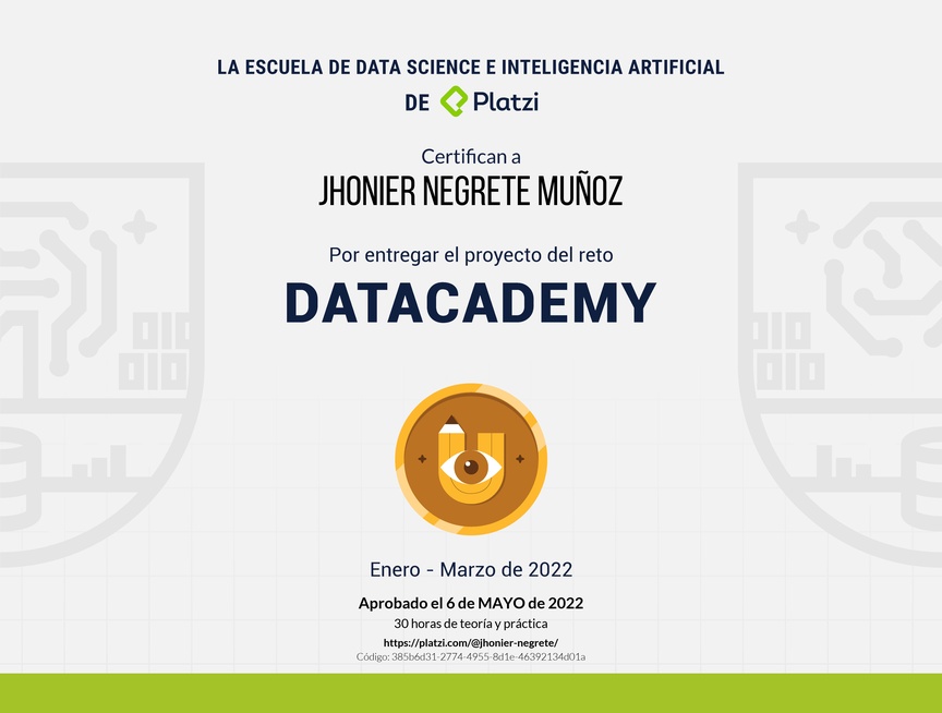 Diploma de Proyecto del #PlatziChallenge Datacademy 2022