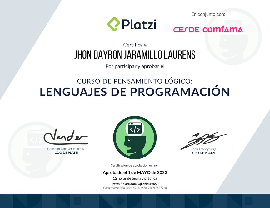 Diploma del Curso de Pensamiento Lógico: Lenguajes de Programación
