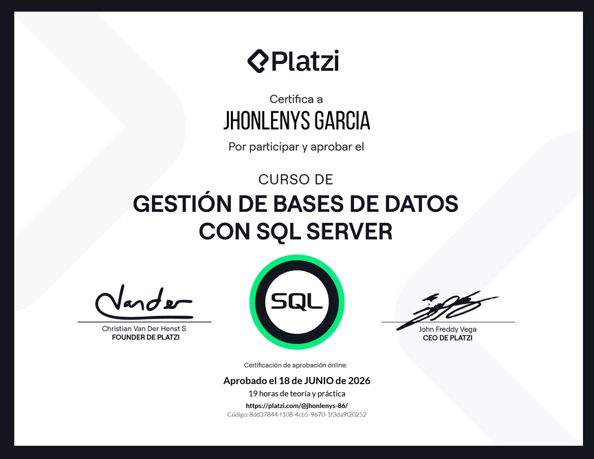 Diploma del Curso de Gestión de Bases de Datos con SQL Server