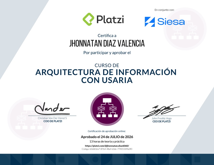 Diploma del Curso de Arquitectura de Información con Usaria
