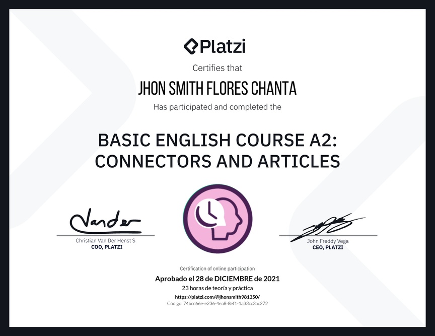 Diploma del Curso de Inglés Básico A2: Conectores y Artículos