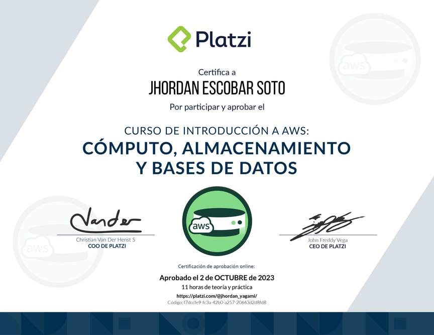 Diploma del Curso de Introducción a AWS: Cómputo, Almacenamiento y Bases de Datos