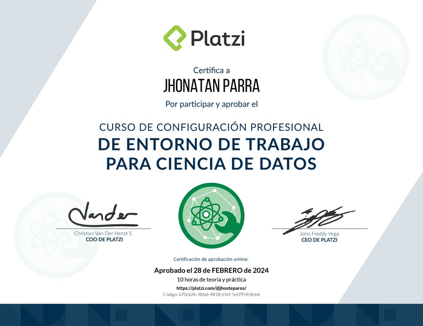 Diploma del Curso de Configuración Profesional de Entorno de Trabajo para Ciencia de Datos