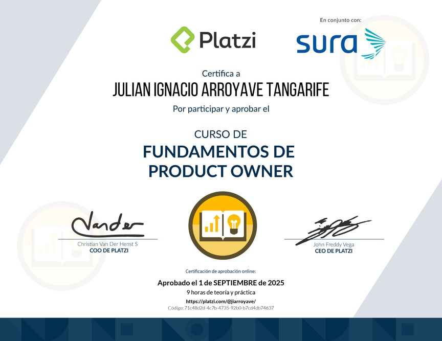 Diploma del Curso de Fundamentos de Product Owner