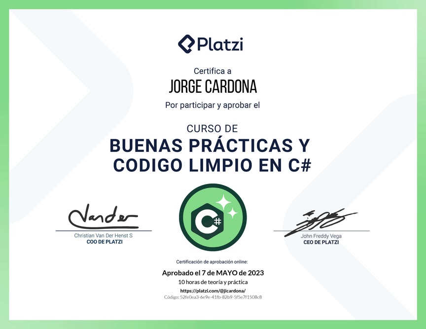 Diploma del Curso de Buenas Prácticas y Código Limpio en C#