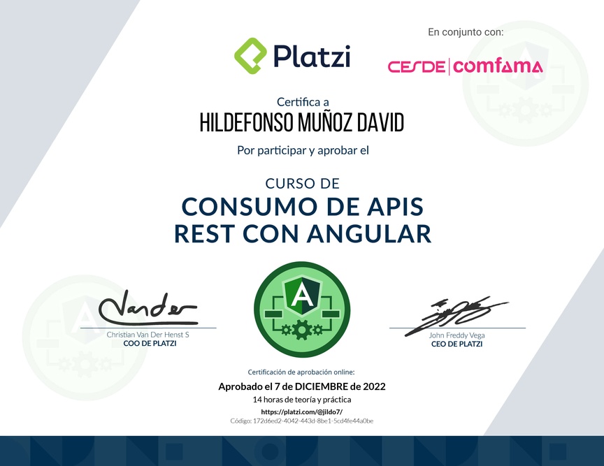 Diploma del Curso de Consumo de APIs REST con Angular