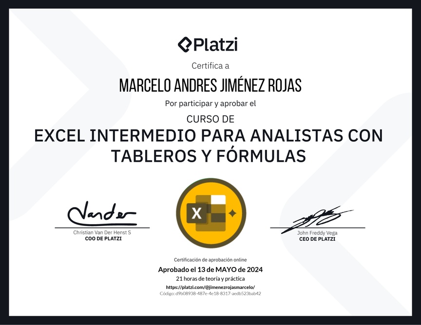 Diploma del Curso de Excel Intermedio para Analistas con Tableros y Fórmulas
