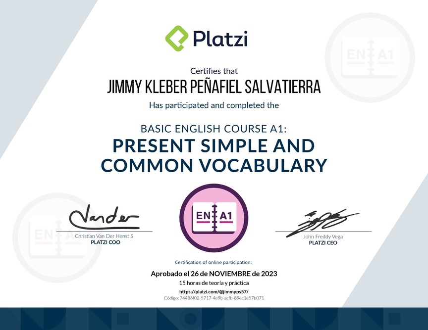 Diploma del Curso de Inglés Básico A1: Presente Simple y Vocabulario Común (2021)