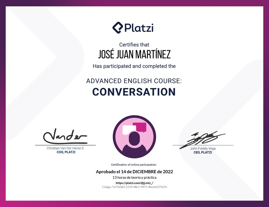 Diploma del Curso de Inglés Avanzado: Conversación 2020