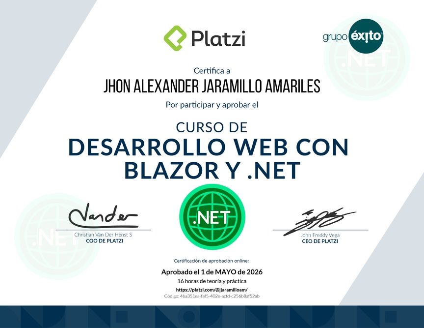 Diploma del Curso de Desarrollo Web con Blazor y .Net Core 3