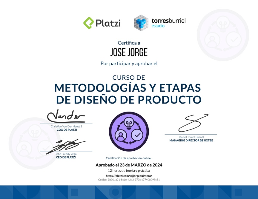 Diploma del Curso de Metodologías de Diseño de Productos Digitales