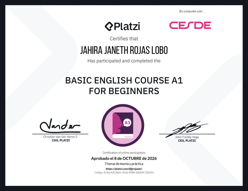 Diploma del Curso de Inglés Básico A1 para Principiantes