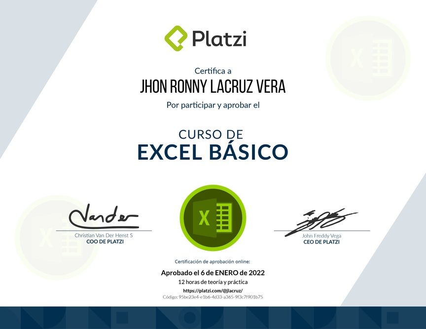 Diploma del Curso de Excel Básico