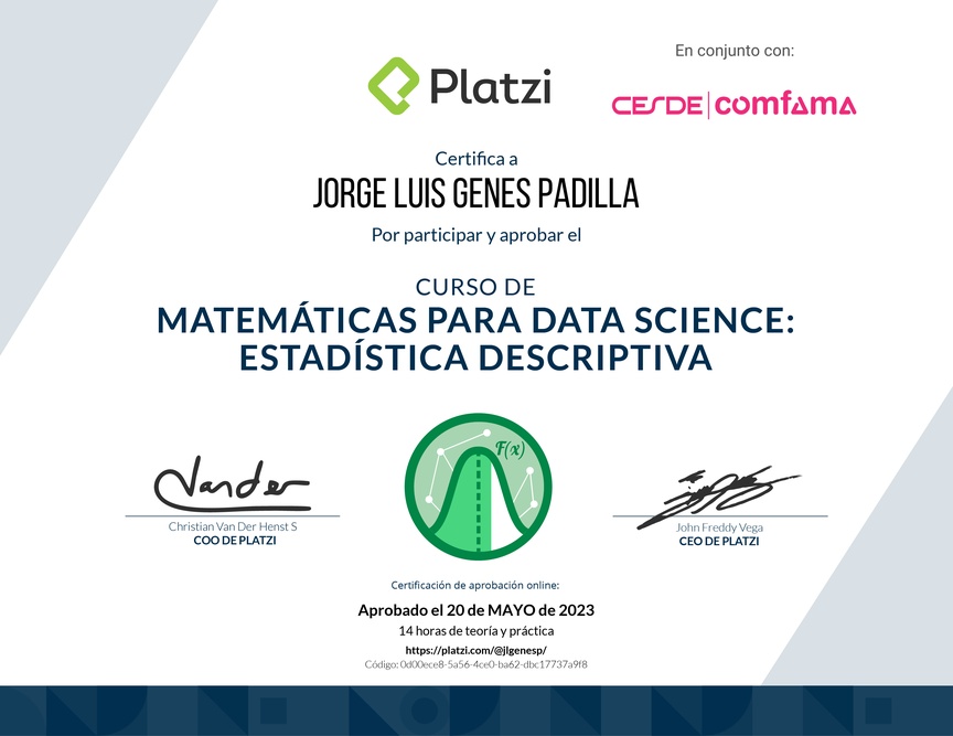 Diploma del Curso de Matemáticas para Data Science: Estadística Descriptiva