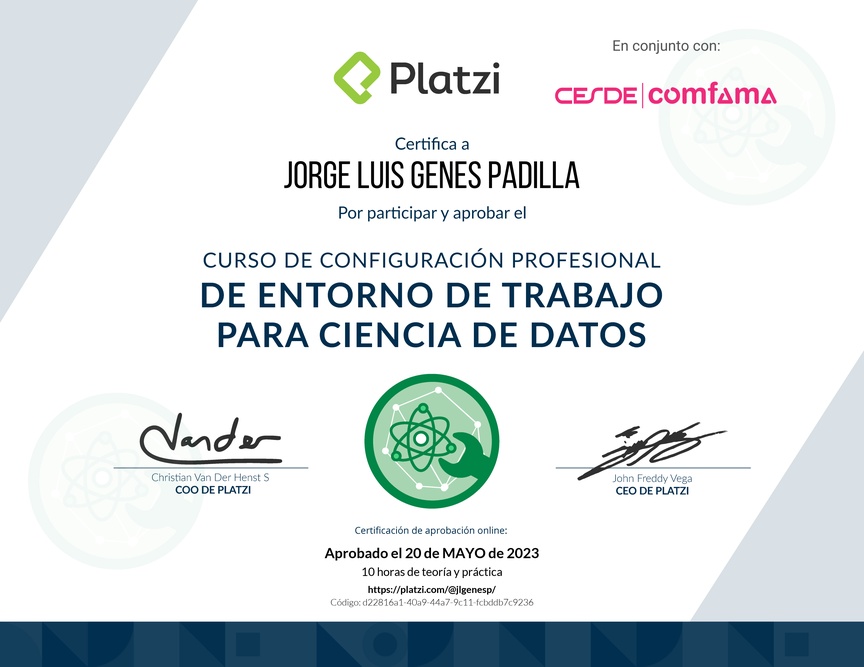 Diploma del Curso de Configuración Profesional de Entorno de Trabajo para Ciencia de Datos