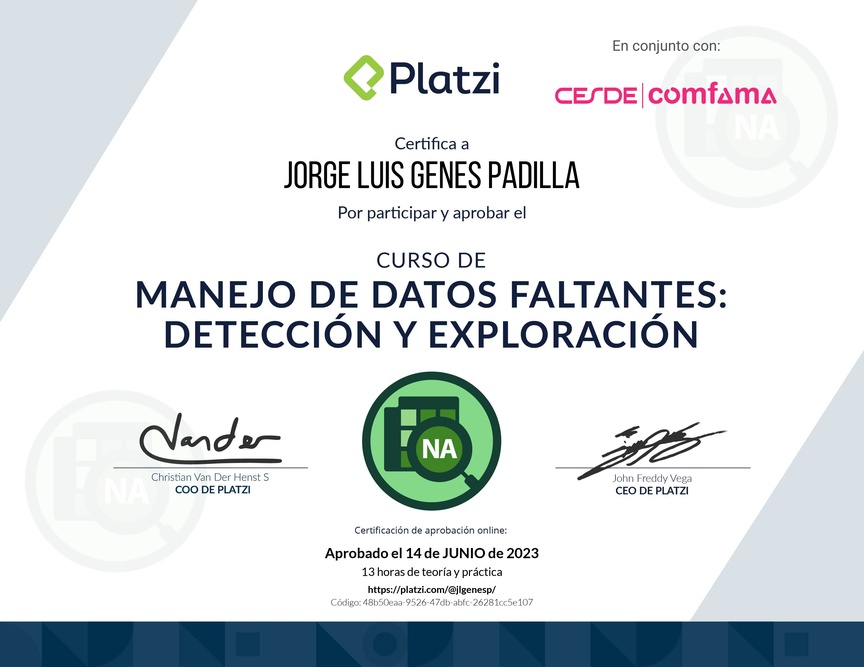 Diploma del Curso de Manejo de Datos Faltantes: Detección y Exploración