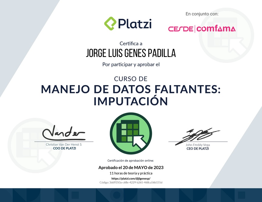 Diploma del Curso de Manejo de Datos Faltantes: Imputación