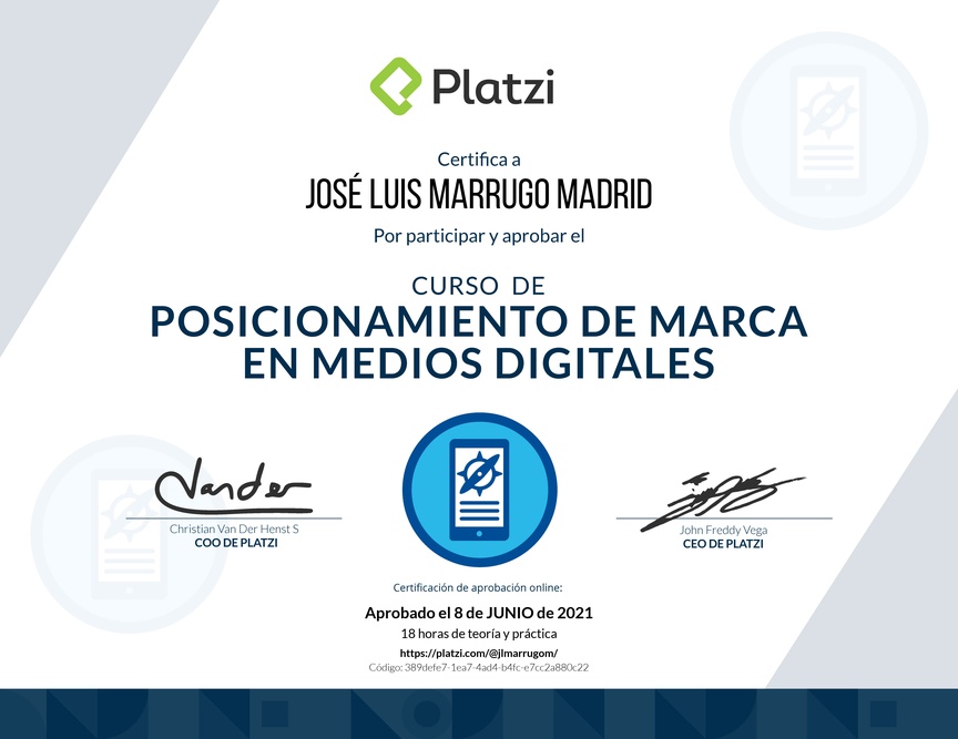 Diploma del Curso de Posicionamiento de Marca en Medios Digitales