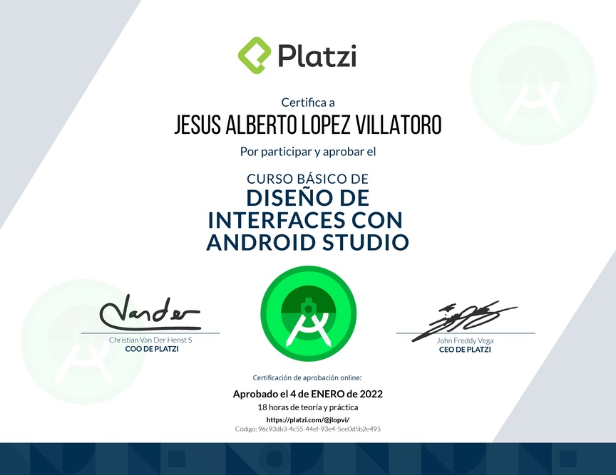 Diploma del Curso Básico de Diseño de Interfaces con Android Studio