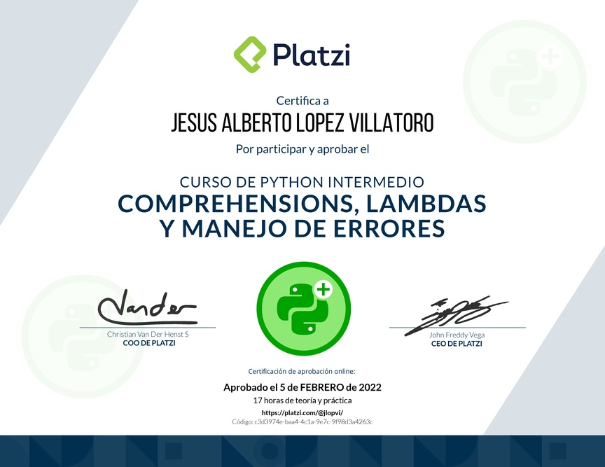 Diploma del Curso de Python Intermedio: Comprehensions, Lambdas y Manejo de Errores