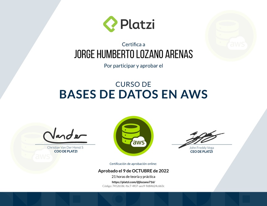 Diploma del Curso Práctico de Bases de Datos en AWS