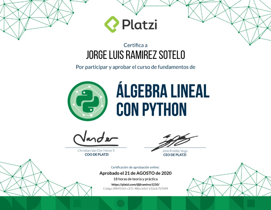 Diploma del Curso de Fundamentos de Álgebra Lineal con Python