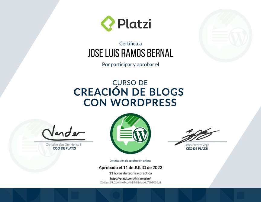 Diploma del Curso de Creación de Blogs con WordPress