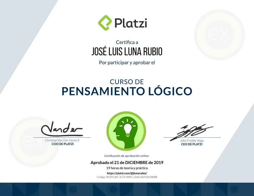 Diploma del Curso de Pensamiento Lógico 2018