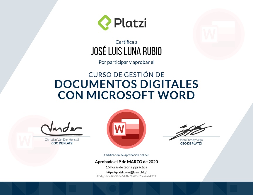 Diploma del Curso de Gestión de Documentos Digitales con Microsoft Word