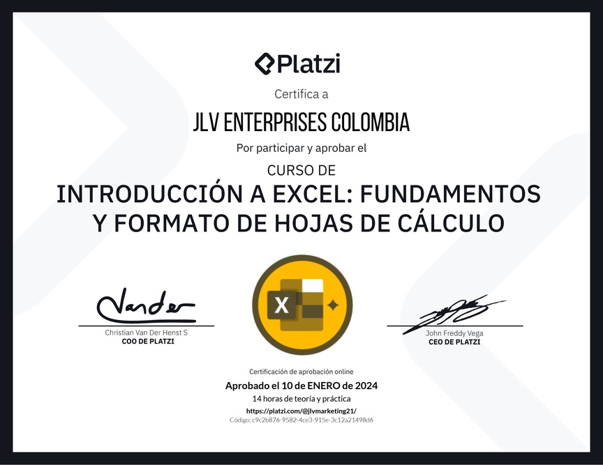 Diploma del Curso de Introducción a Excel para Principiantes: Fundamentos y Formato de Hojas de Cálculo