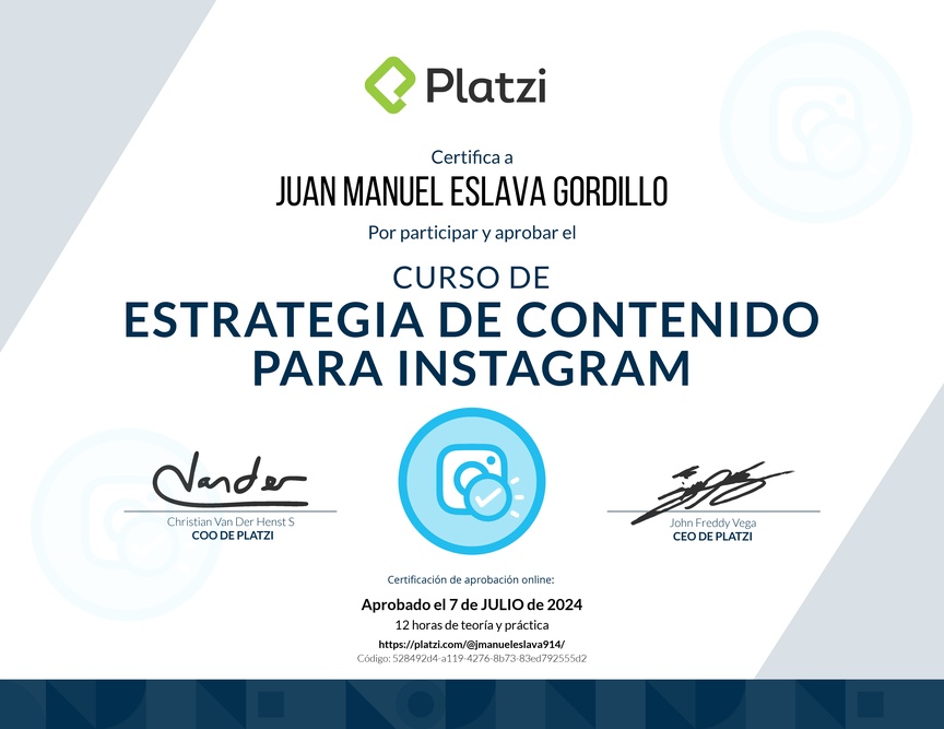 Diploma del Curso de Estrategia de Contenido para Instagram
