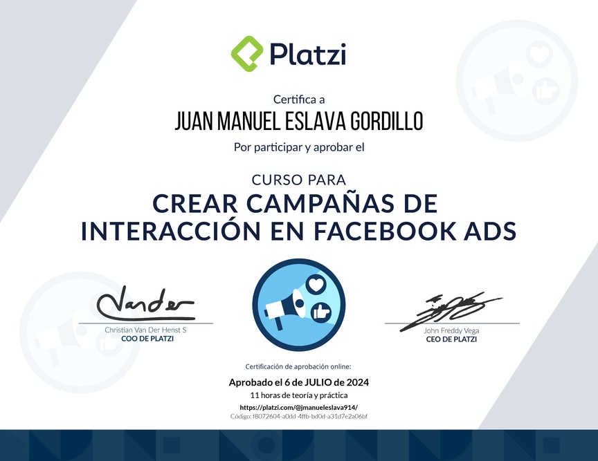 Diploma del Curso de Incremento de Seguidores e Interacción con Facebook Ads