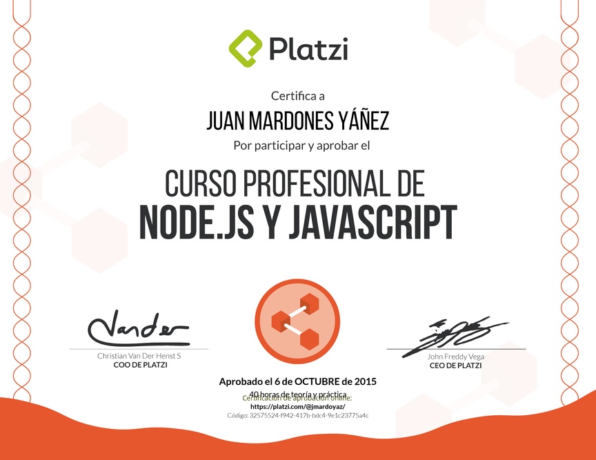 Diploma del Curso Profesional de Node.js y Javascript 2014