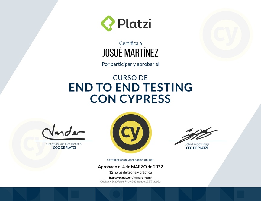 Diploma del Curso de End to End Testing con Cypress 2018